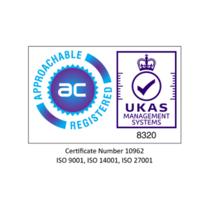 Certificate with logos: "Approachable Registered" in blue circle and "UKAS Management Systems" with a crown and checkmark in purple.