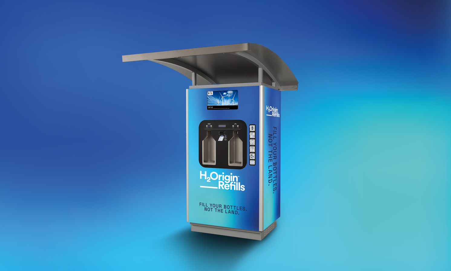 One of H2Origin's smart water refill stations on a blue background