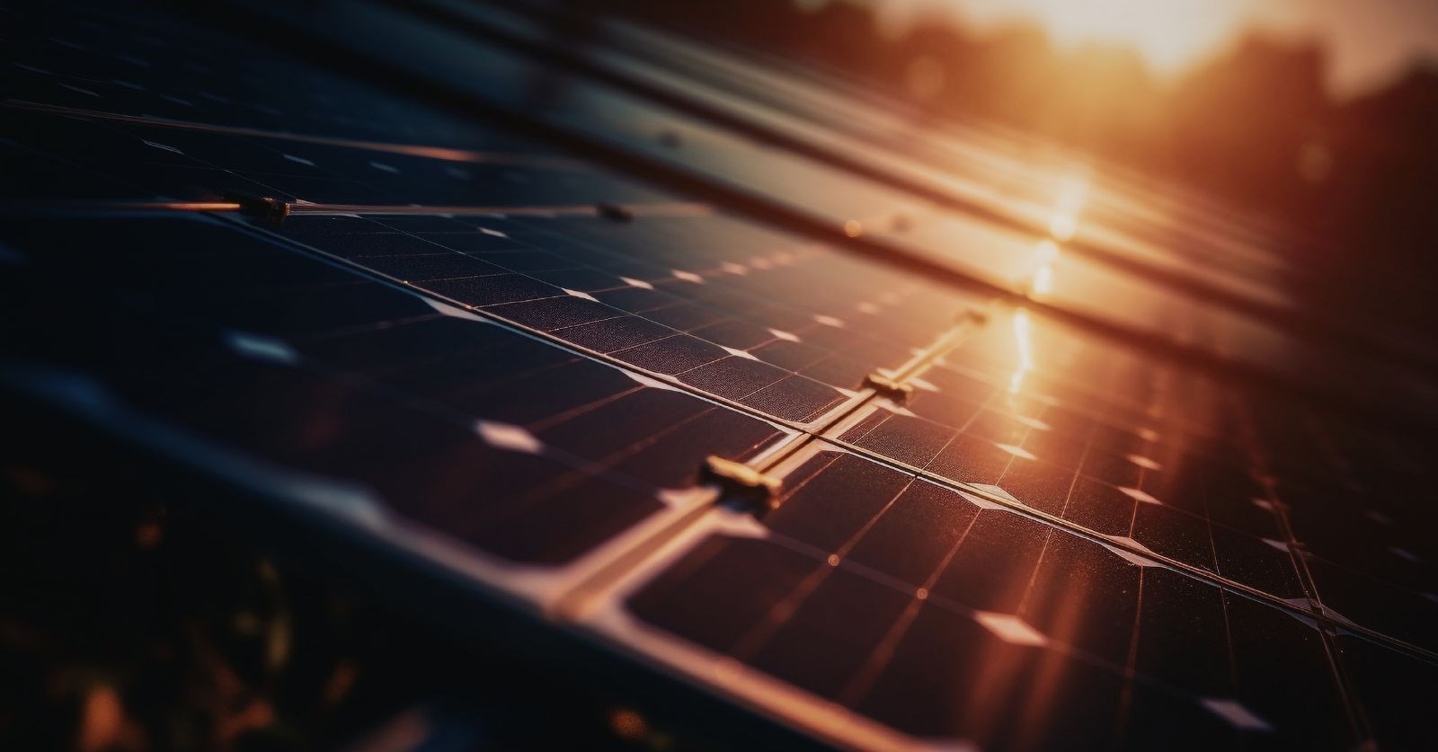 Solar panels with a sunset in the background that is reflecting off the panels