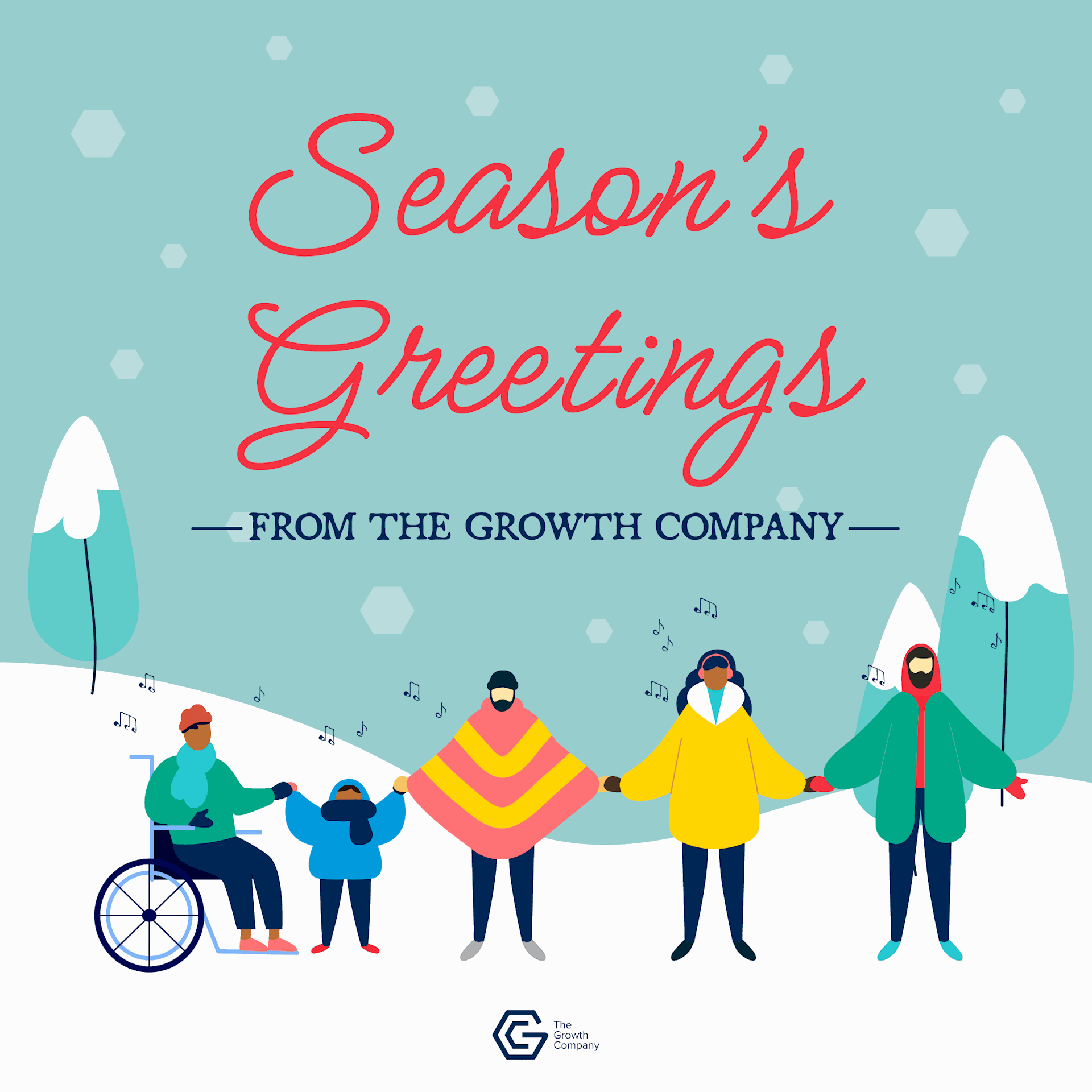 The Growth Company Christmas Card 2024 shows a cartoon snowy scene with trees and a group of people holding hands and singing. Text reads: Season's Greetings from the Growth Company