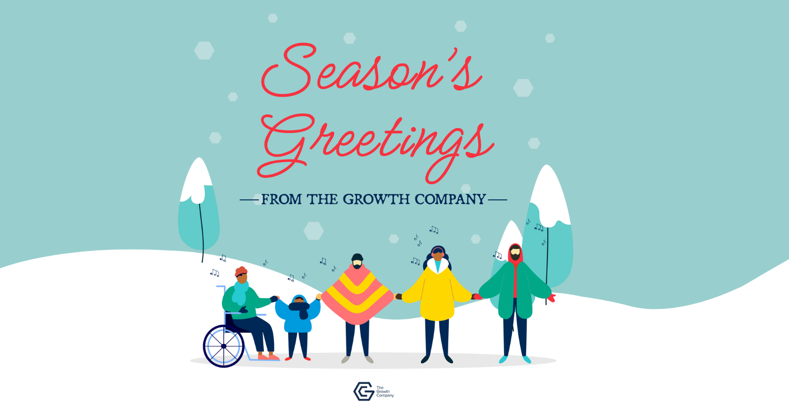 The Growth Company Christmas Card 2024 shows a cartoon snowy scene with trees and a group of people holding hands and singing. Text reads: Season's Greetings from the Growth Company