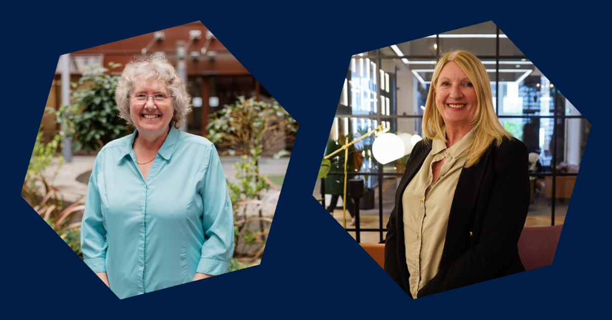 Photos of Donna Edwards and Yvonne Sampson in hexagons on a dark blue background