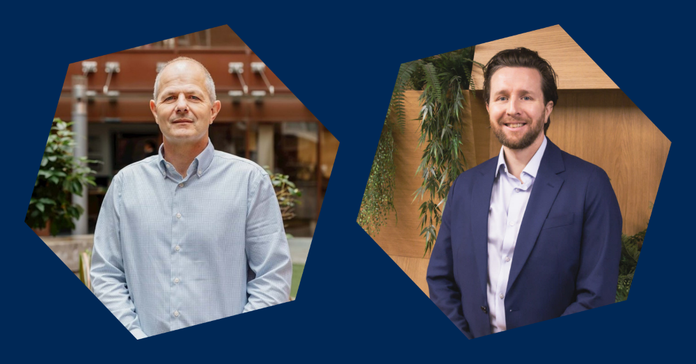 Photos of Mark Hughes and Joe Manning in hexagons on a dark blue background