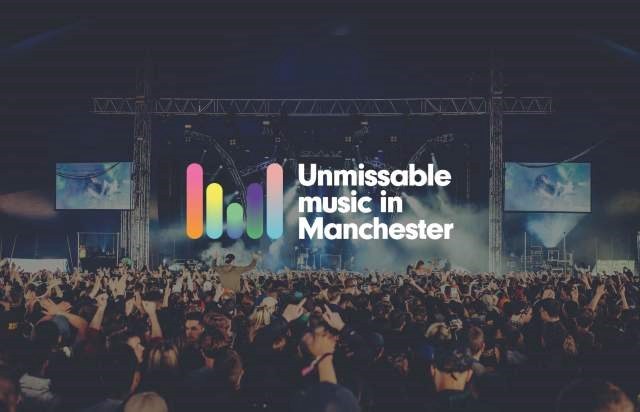 Photo of a large crowd at Parklife Festival in Manchester, with a stage in the background. In the centre, five rainbow-colored lines of varying lengths form a soundwave effect. Next to them, white text reads: “Unmissable music in Manchester."