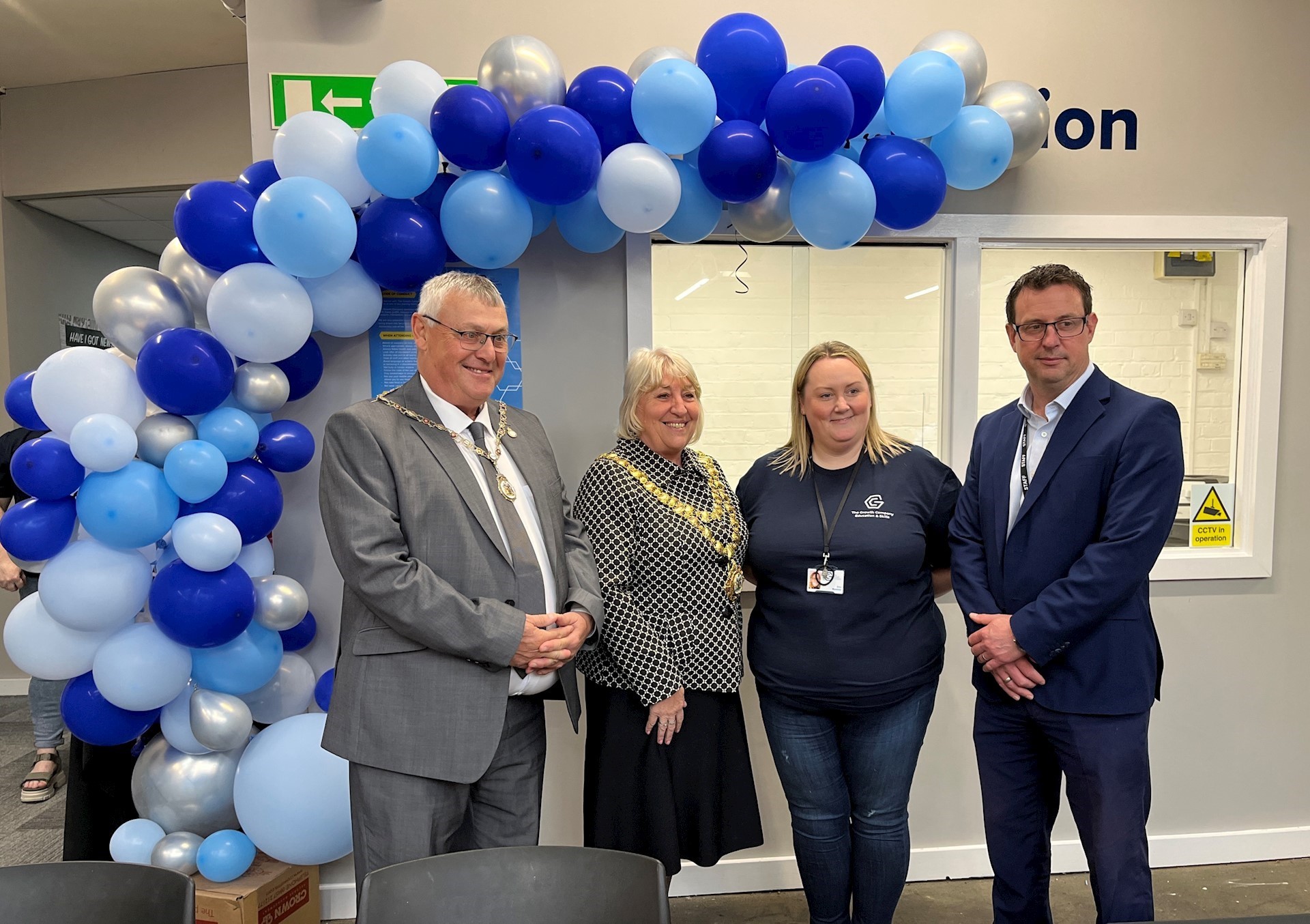 Left to Right: Consort, Councillor Clive Morgan, The Mayor of Wigan, Councillor Marie Morgan, Wigan Training Centre Manager, Amy Mansour and Managing Director of GC Education and Skills, Jon-Paul Rimington at the Wigan Training Centre launch event