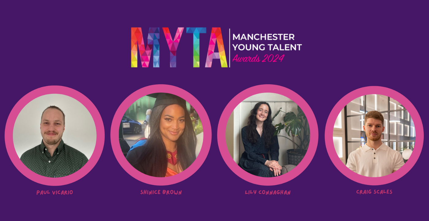 Purple background with Manchester Young Talent Awards 2024 logo and four colleague photos in pink circles. From left to right, Paul Vicario, Shinice Brown, Lily Connaghan and Craig Scales