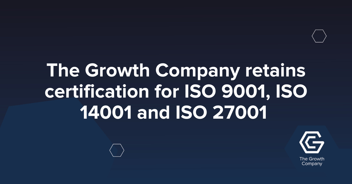 graphic with the Growth Company logo, text reads: The Growth Company retains certification for ISO 9001, ISO 14001 and ISO 27001