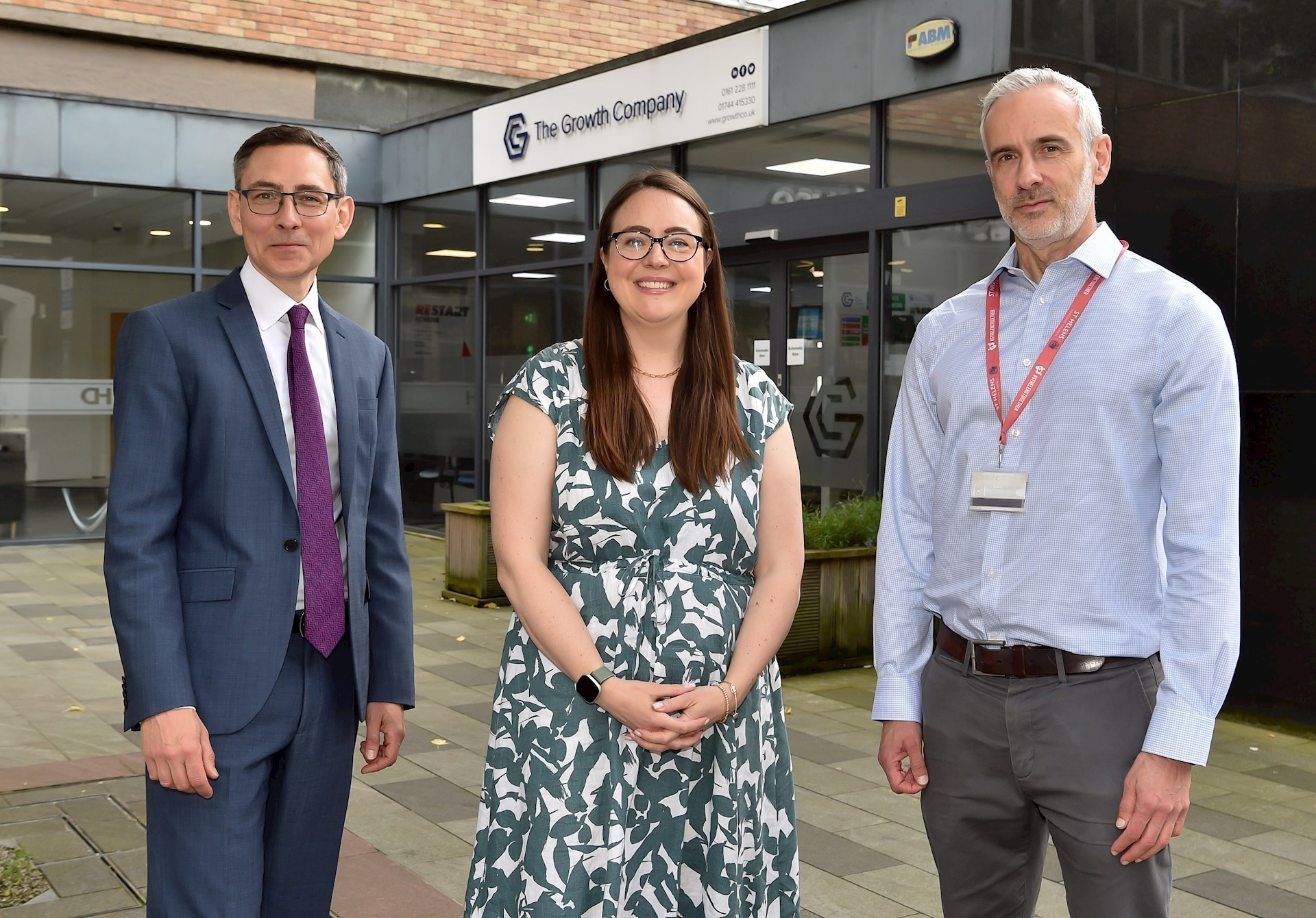 Photo of Richard Jeffery, National Director for Business, The Growth Company, Cllr Kate Groucutt, Cabinet Member for Business, Culture and Leisure and Steven Berlyne, Head of Economy, St Helens Borough Council taken outside of our St Helens Training Centre