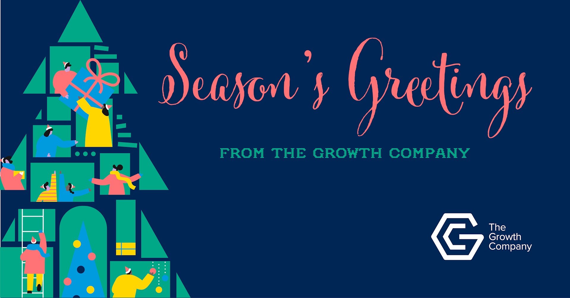 The Growth Company's 2025 Christmas card design. To the left is a Christmas tree effect made up with Green shapes that feature colourful silhouettes of people doing festive activities such as decorating and carrying presents, alongside some presents and a Christmas tree. To the right, pink text reads: 'Season's Greetings' with green text underneath that reads 'from The Growth Company'