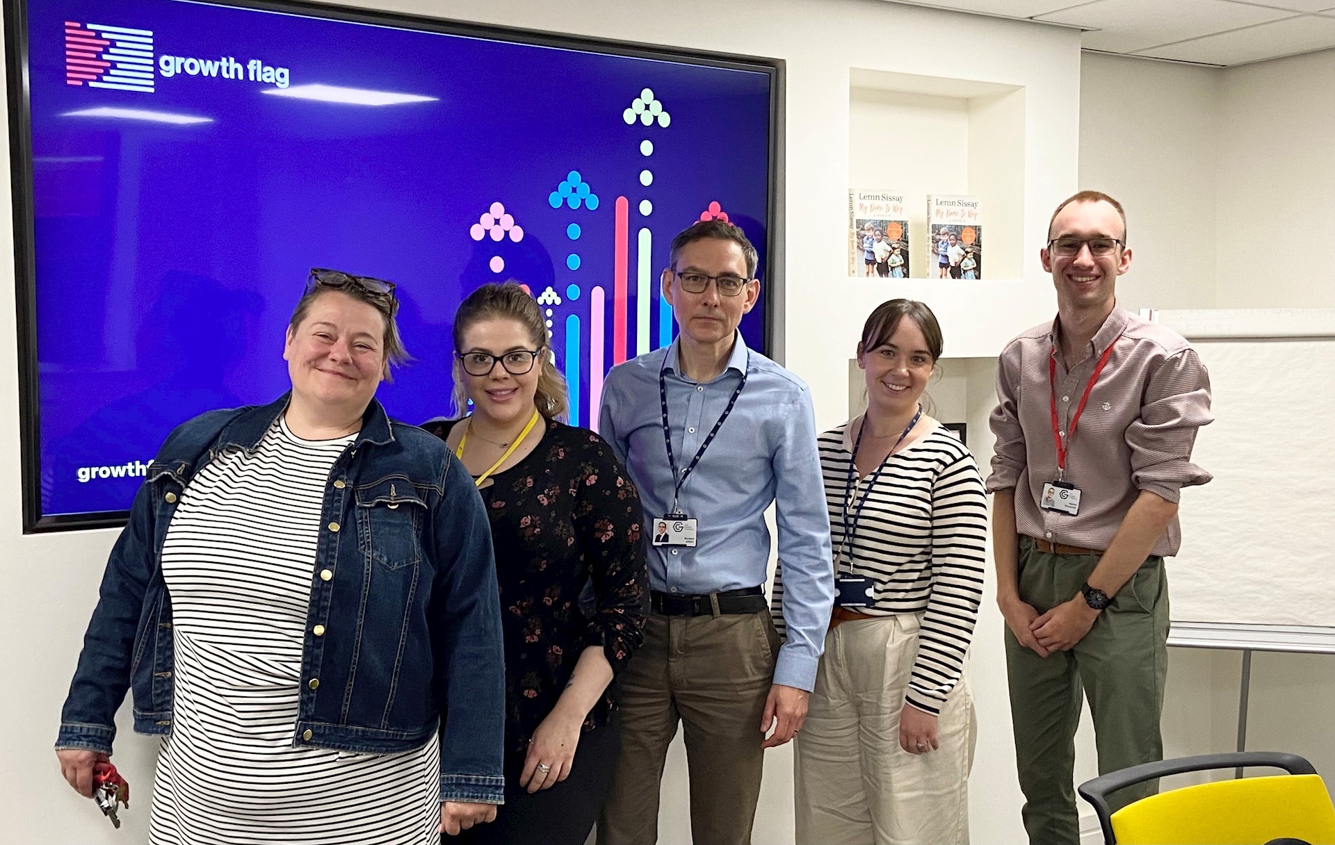 Growth Flag team celebrating 6 months, from left to right: Dr Nicola Headlam, Megan Barker, Richard Jeffery, Abbie Snowdon and Nathan Shoesmith