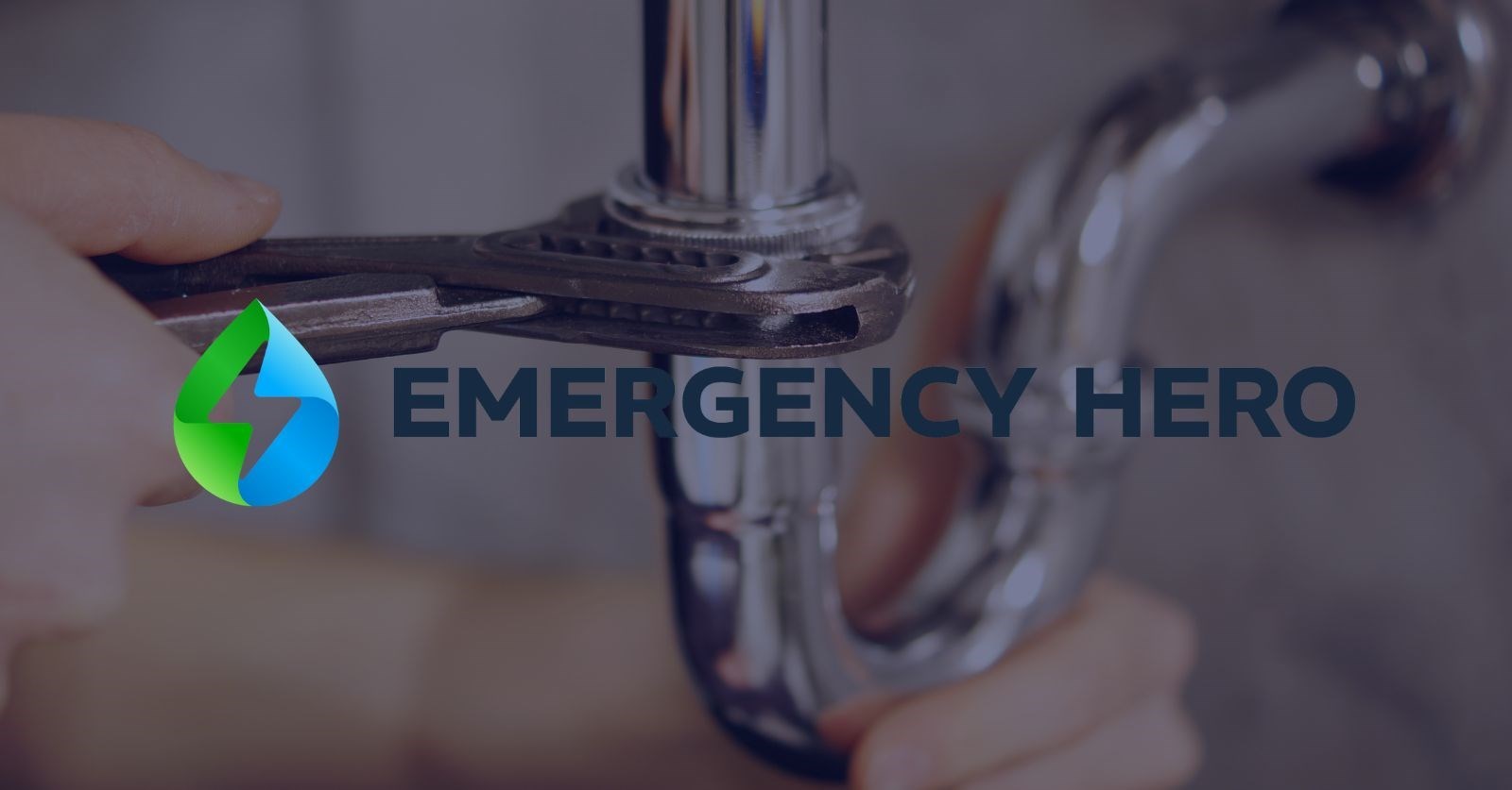 Hands repairing a pipe with a blue tint and the Emergency Hero logo overlayed